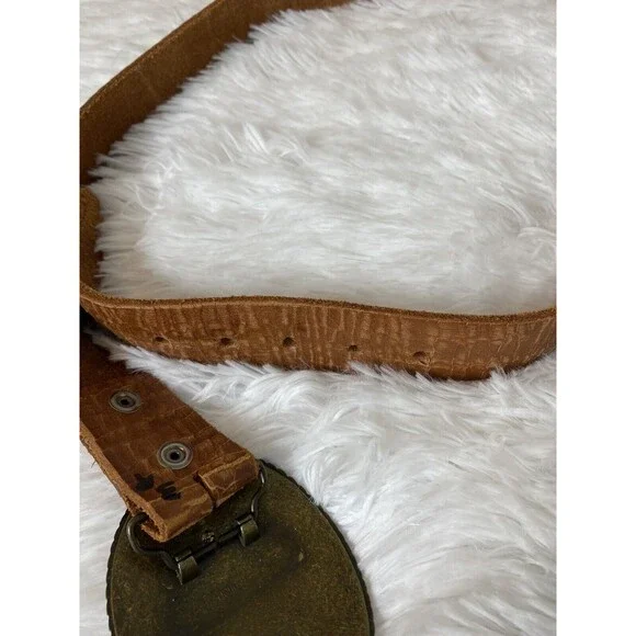 Genuine Leather Belt Women Size 38 Rhinestone Oval Buckle Brown Western - Picture 3 of 10